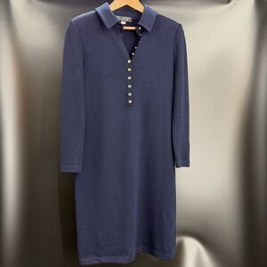 St John Collection Classic Blue Santana Knit Career Dress Buttons Size 8 FLAW